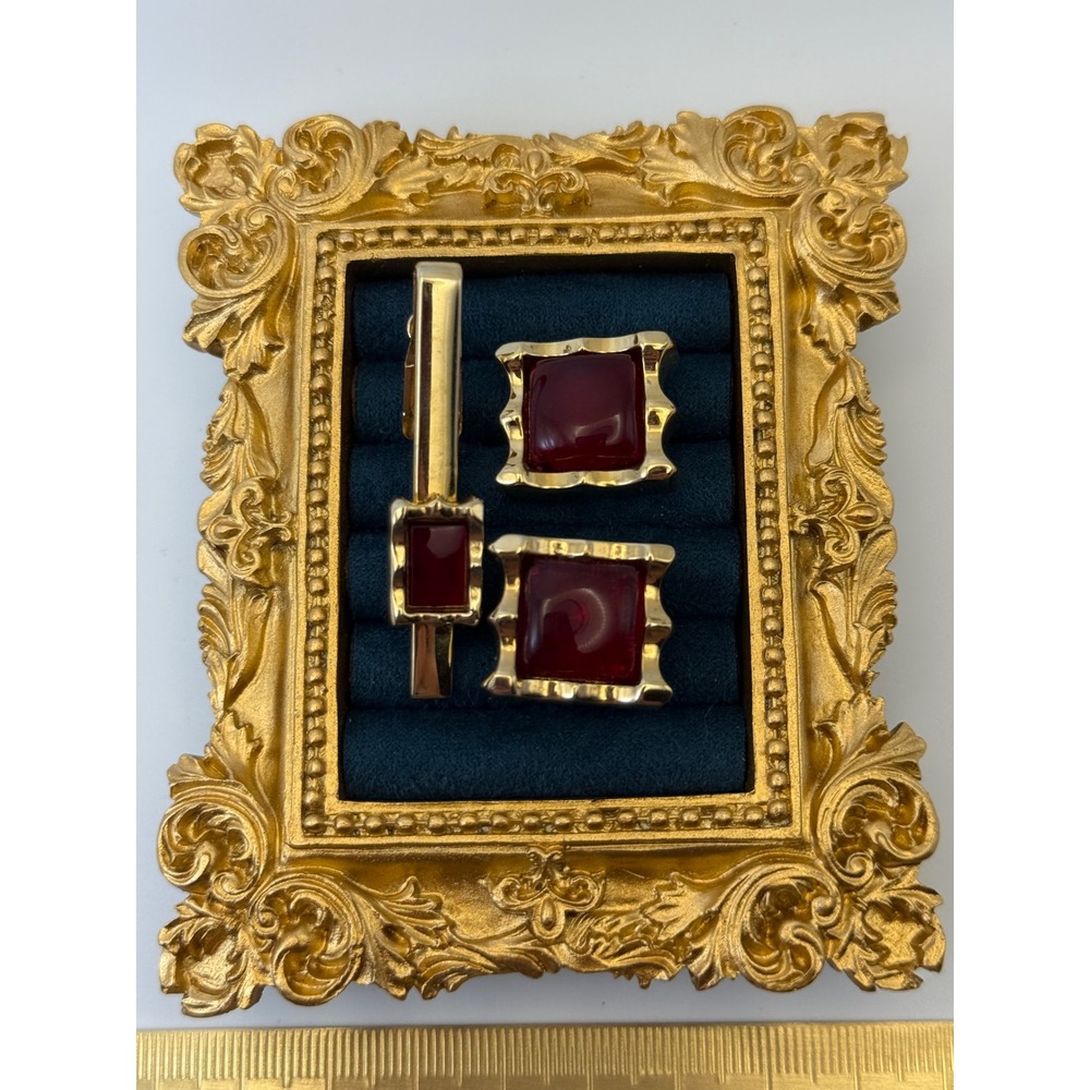 Unbranded Cufflink Tie Clip Set OS Ruby Red Gold Tone Vintage MCM Retro Dapper